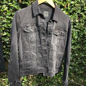 Joe’s Jeans: Distressed black denim jacket with slight stretch to the textile.